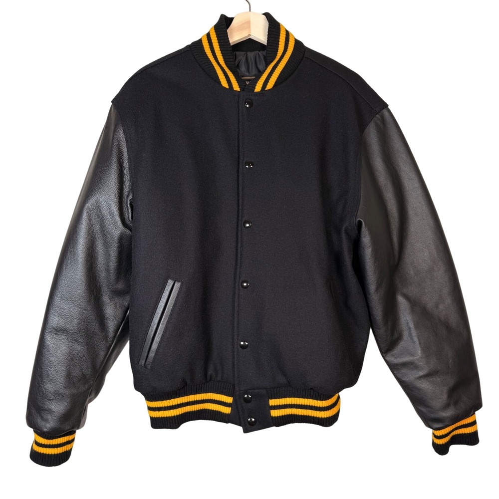 Rennoc Classic Black Wool Leather‎ Varsity Letterman Bomber Jacket Mens M Sports